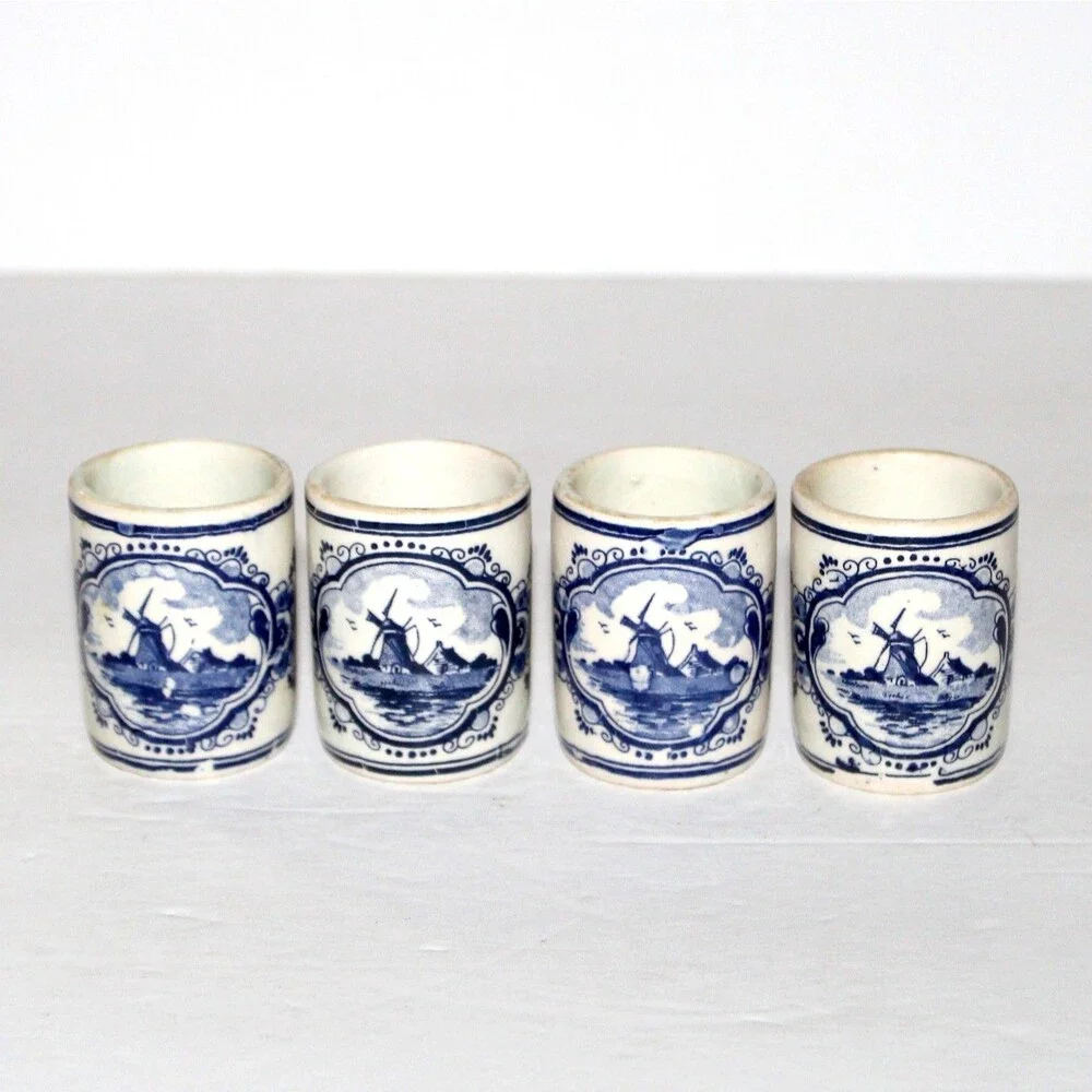 Vintage Vandermint Delft Ceramic Shot Glass Set of 4 Holland white blue